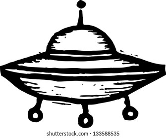 Black and white vector illustration of an UFO