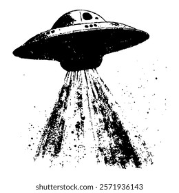 black and white vector illustration of a UFO emitting a beam of light, perfect for sci-fi and extraterrestrial-themed designs