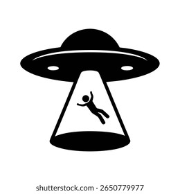 Ilustração de vetor preto e branco de um cenário de abdução de OVNI