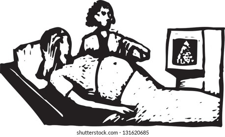 Black and white vector illustration of ultra sound examination of a pregnant woman