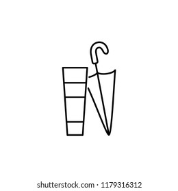 Black & white vector illustration of umbrella stand. Line icon of interior design product. Decorative umbrella holder for home & office. Isolated object on white background. 