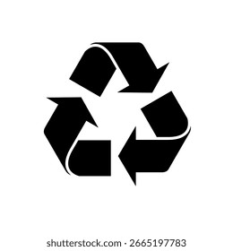 Ilustración vectorial en blanco y negro del Símbolo del Reciclaje Universal, un ícono minimalista que representa la conciencia ambiental, la sostenibilidad y el proceso de reciclaje de materiales