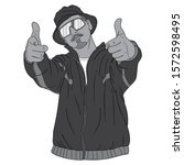 black white vector illustration. Upper body of a cool hip hoper with a training jacket, hat and sunglasses pointing with both fingers into the camera.