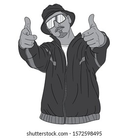 black white vector illustration. Upper body of a cool hip hoper with a training jacket, hat and sunglasses pointing with both fingers into the camera.