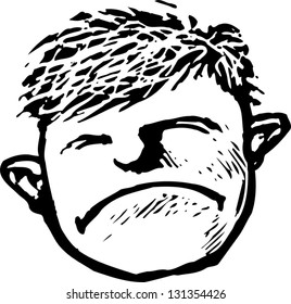 Black and white vector illustration of an upset boy