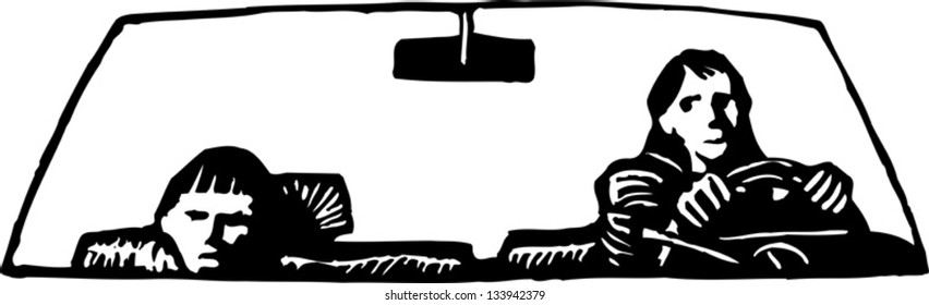 Black and white vector illustration of an upset boy with his mother riding in the car