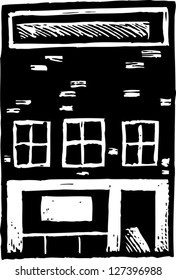Black and white vector illustration of an urban building