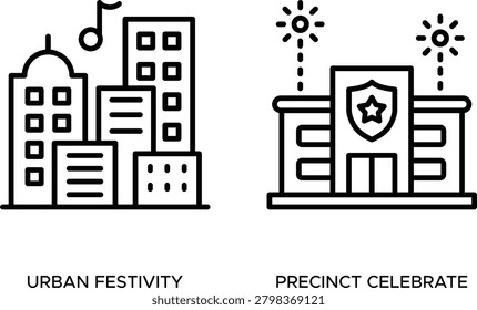 Black and white vector illustration of urban festivity and precinct celebration city buildings with flags and stars