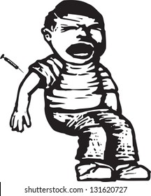 Black and white vector illustration of vaccination of crying little boy