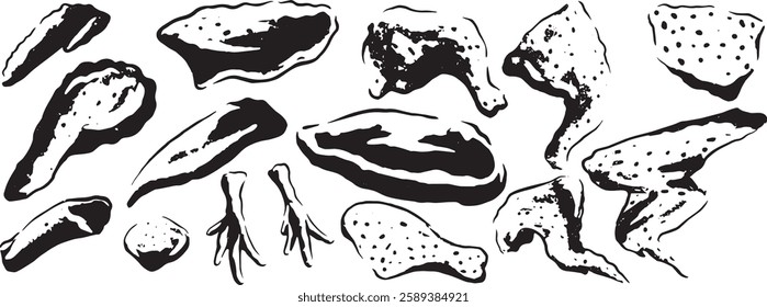 Black and white vector illustration of a variety of chicken cuts, perfect for culinary-themed designs, butcher shop branding, or food-related projects  in a clean and modern style