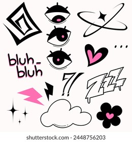 Black and white vector illustration with various gothic and alt icons. Eyes, hearts, stars, pink
