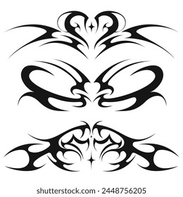 Black and white vector illustration with various gothic and alt patterns. Heart, curls, lines
