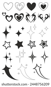 Black and white vector illustration with various icons in gothic and alt styles. Hearts, stars, sparkles
