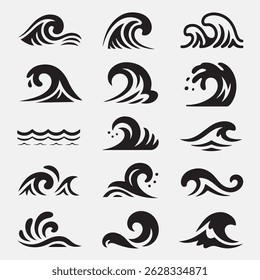 Black and white vector illustration of various ocean wave graphic designs
