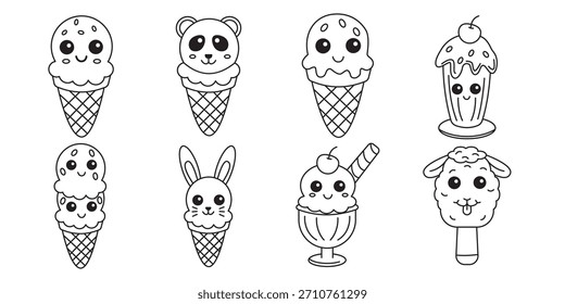 A black and white vector illustration of various ice cream for children's coloring activities and educational fun.