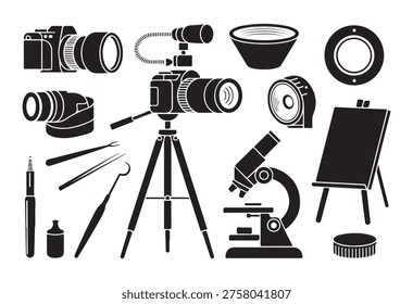 Black and white vector illustration of various objects, including a camera, tripod, microscope, and other tools.