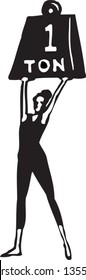 Black and white vector illustration of Very Strong Woman Lifting One Ton