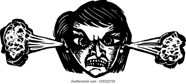 Black and white vector illustration of Very Angry Woman with Steam Coming Out of Ears