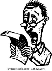 Black and white vector illustration of very Upset Man Looking at Bill