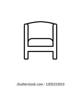 Black & white vector illustration of vintage wooden armchair with high back. Line icon of arm chair seat. Outdoor & indoor upholstery furniture. Isolated object on white background 