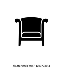 Black & white vector illustration of vintage wooden armchair with high back. Flat icon of arm chair seat. Upholstery furniture. Isolated object on white background 