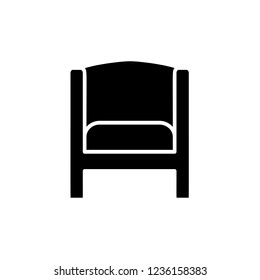 Black & white vector illustration of vintage wooden armchair with high back. Flat icon of arm chair seat. Outdoor & indoor upholstery furniture. Isolated object on white background 