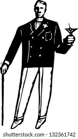 Black and white vector illustration of vintage wealthy man drinking a cocktail