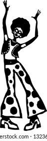 Black and white vector illustration of vintage hippie woman dancing