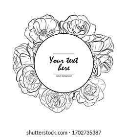 Black and white vector illustration. Vintage frame with flowers. Floral hand drawn card. Line-art roses. 