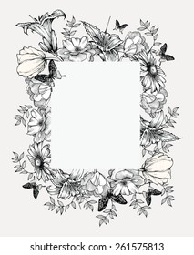 Black   white vector illustration  Vintage frame and flowers   butterflies 