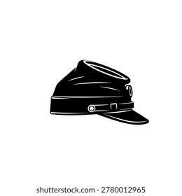 A black and white vector illustration of a vintage military kepi hat, isolated on a white background.
