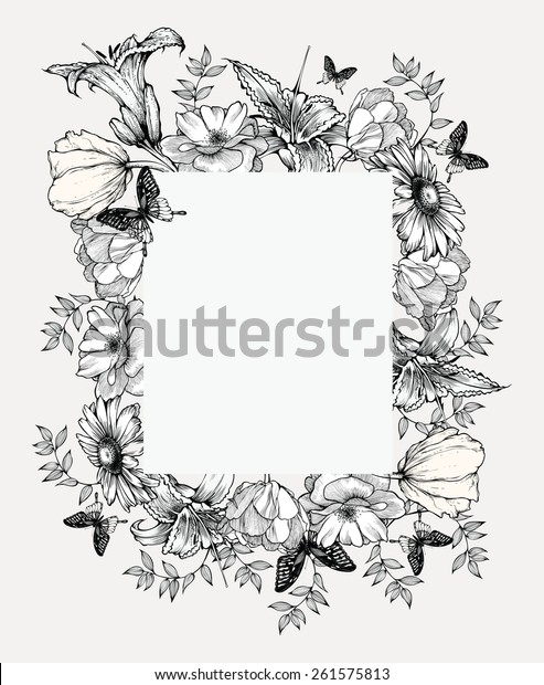 白黒のベクターイラスト 花と蝶のビンテージフレーム のベクター
