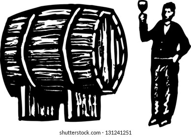 Black and white vector illustration of vintner with wine barrel and glass of red wine