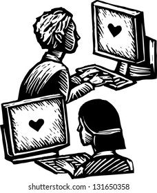 Black and white vector illustration of virtual love