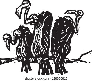 Black and white vector illustration of vultures