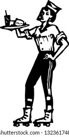 Black and white vector illustration of an waitress