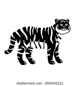 Ilustración vectorial en blanco y negro del tigre que camina. Icono negro aislado en fondo blanco