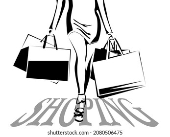 black and white vector illustration of a walking woman silhouette with shopping for banners, advertising posters and flyers decoration