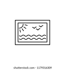 Black & white vector illustration of wall art picture. Line icon of painting with sea landscape. Decorative framed photo for home & office. Isolated object on white background. 