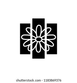 Black & white vector illustration of wall art panel. Flat icon of 3 piece canvas photo with floral ornament. Decorative accessory for home & office. Isolated object on white background. 