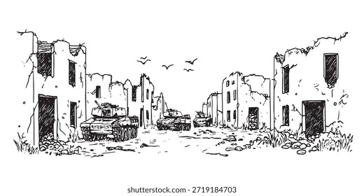 Ilustración vectorial en blanco y negro de una calle de la ciudad destruida por la guerra con tanques y ruinas