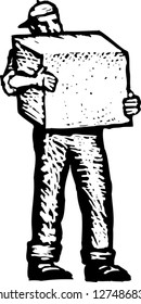 Black and white vector illustration of warehouse employee carrying a box