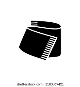 Black & white vector illustration of warm blanket with fringe. Flat icon of decorative home plaid or rug. Interior design element. Isolated object on white background. 