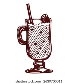 Black and white vector illustration of a warm chocolate drink with marshmallows and a straw. Hand-drawn in doodle style. Perfect for coloring pages, stickers, cafe menu design, prints
