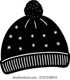 Um vetor preto e branco ilustração de um chapéu quente gorro de inverno com um pom-pom macio e padrões decorativos flocos de neve.