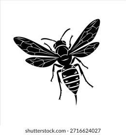 Ilustración vectorial en blanco y negro de una avispa en vuelo, con sus distintivas alas y cuerpo segmentado. Silueta gráfica de un insecto volador sobre fondo blanco.