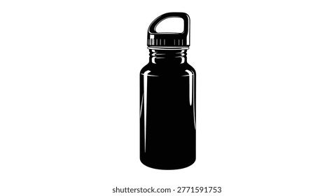 a black and white vector illustration of a water bottle with a handle, shown against a white background. high-quality professional detailed modern elegant stylish