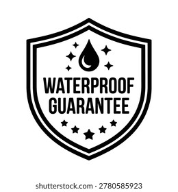 Black and white vector illustration of a waterproof guarantee shield icon with a water droplet