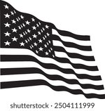 Black and White Vector Illustration of Waving American Flag - United States Patriotic Symbol