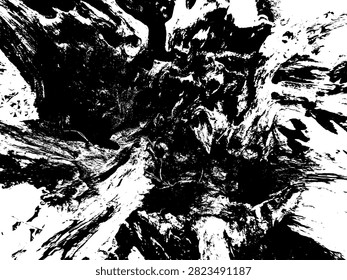 Black and white vector illustration of weathered rotted tree root texture on ground in high contrast linocut style background EPS.